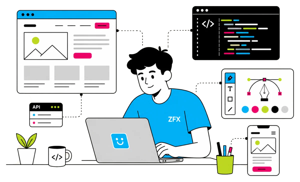 Création de sites internet et développement web : maquette de page, éditeur de code, logiciel de dessin vectoriel, appel d’API et rendu sur téléphone