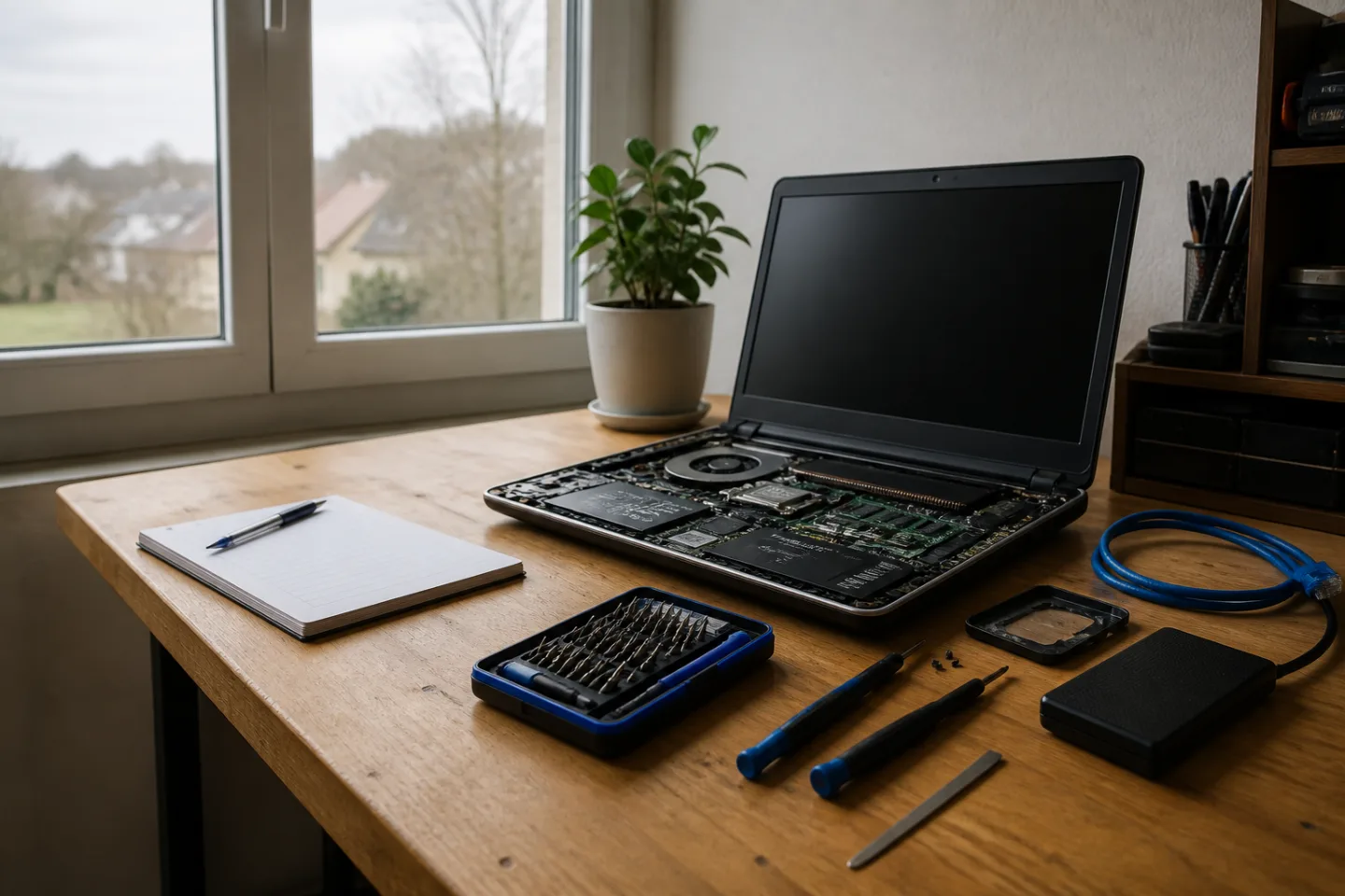 Ordinateur portable ouvert sur un bureau avec des outils de dépannage
