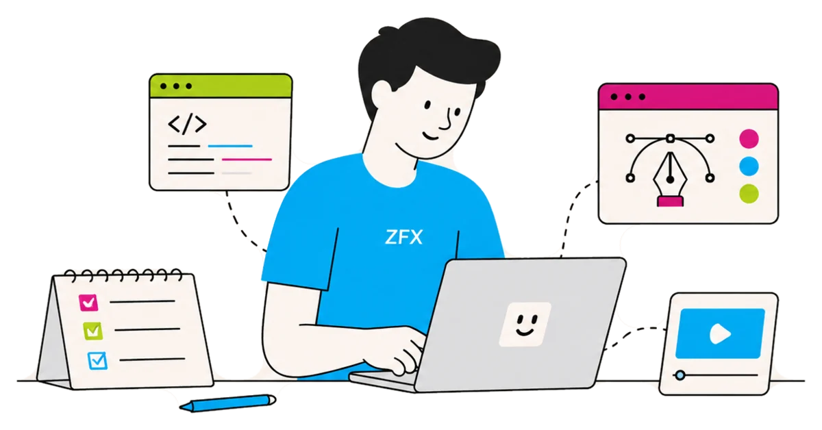 Formation informatique : je travaille sur un ordinateur portable, entouré d’une fenêtre de code, d’un logiciel de dessin vectoriel, d’un tutoriel vidéo et d’une liste d’objectifs cochés